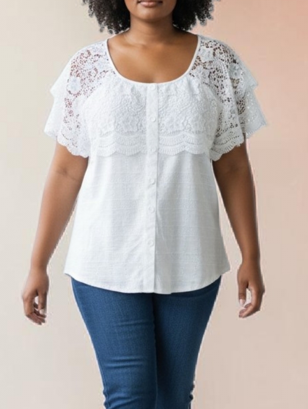 ROSEGAL  White Short Sleeve Scoop Neck Blouse With Lace Overlay